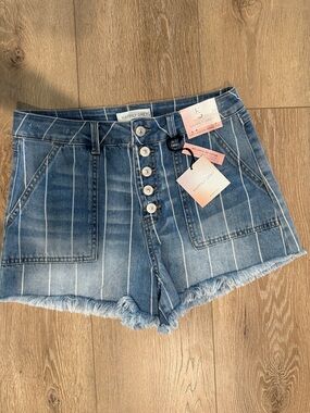 Happily Grey Blue Pinstripe High-Rise Button-Front Denim Shorts